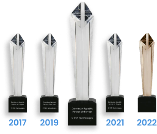C-VEN Technologies Dominican Republic Partner of the Year trophies, 2017, 2019, 2021 and 2022